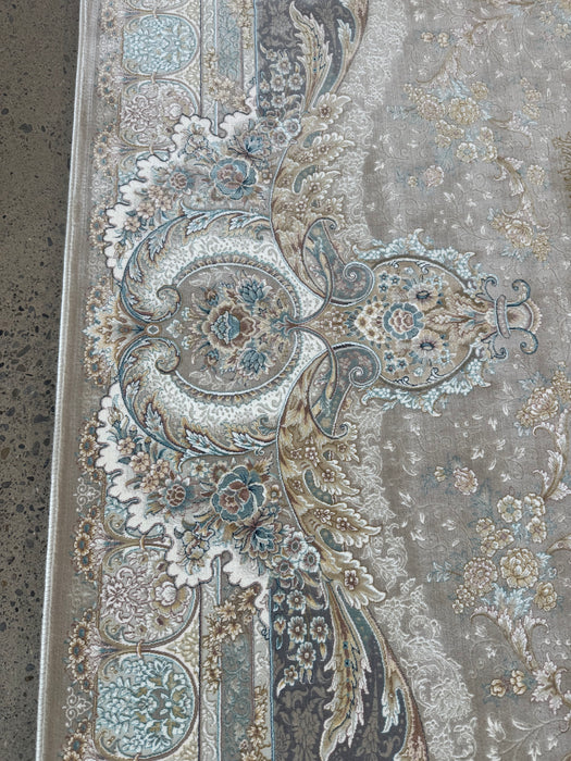 Luxe machinaal geweven Perzisch tapijt – Zilvergrijs / Zachtblauw medaillon – 215 x 305 cm
