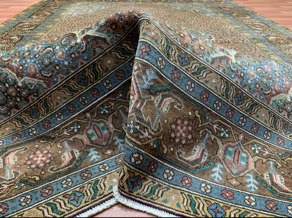 6’5” x 9’2” Hand-Knotted Persian Wool Rug – Brown & Teal Medallion Design