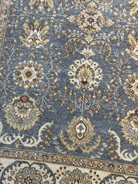5'0" × 8'0" Handgeknoopt Chobi wollen tapijt – Marineblauw met groene & ivoorkleurige rand