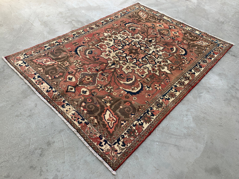 Handgemaakt Perzisch wollen vloerkleed 7x10 - Taupekleurig Perzisch stijl kleed met bloemenmedaillon - Exacte afmeting 9'8" x 6'11" - KBHM-1002