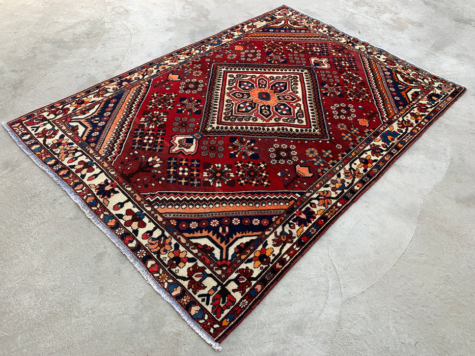 7'6 x 5'3 Handgeknoopt Perzisch wollen tapijt - Rood geometrisch medaillonontwerp - KBHM-1007