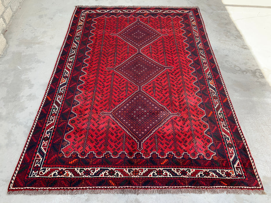 10'4 x 7'2 Handgeknoopt Perzisch wollen vloerkleed - Rood geometrisch tribaal medaillonontwerp - KBHM-1012