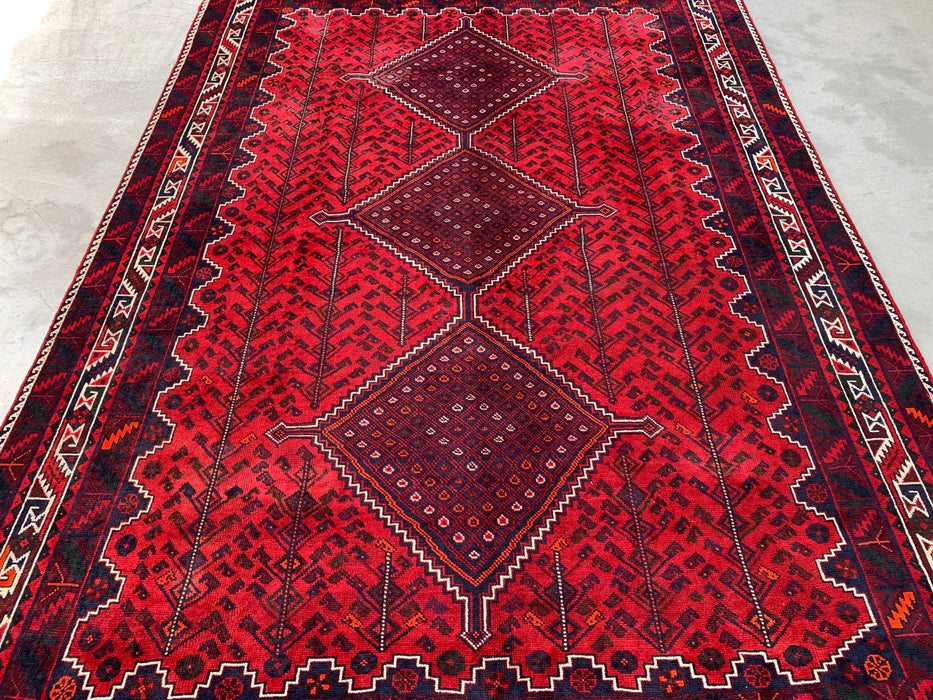 10'4 x 7'2 Handgeknoopt Perzisch wollen vloerkleed - Rood geometrisch tribaal medaillonontwerp - KBHM-1012