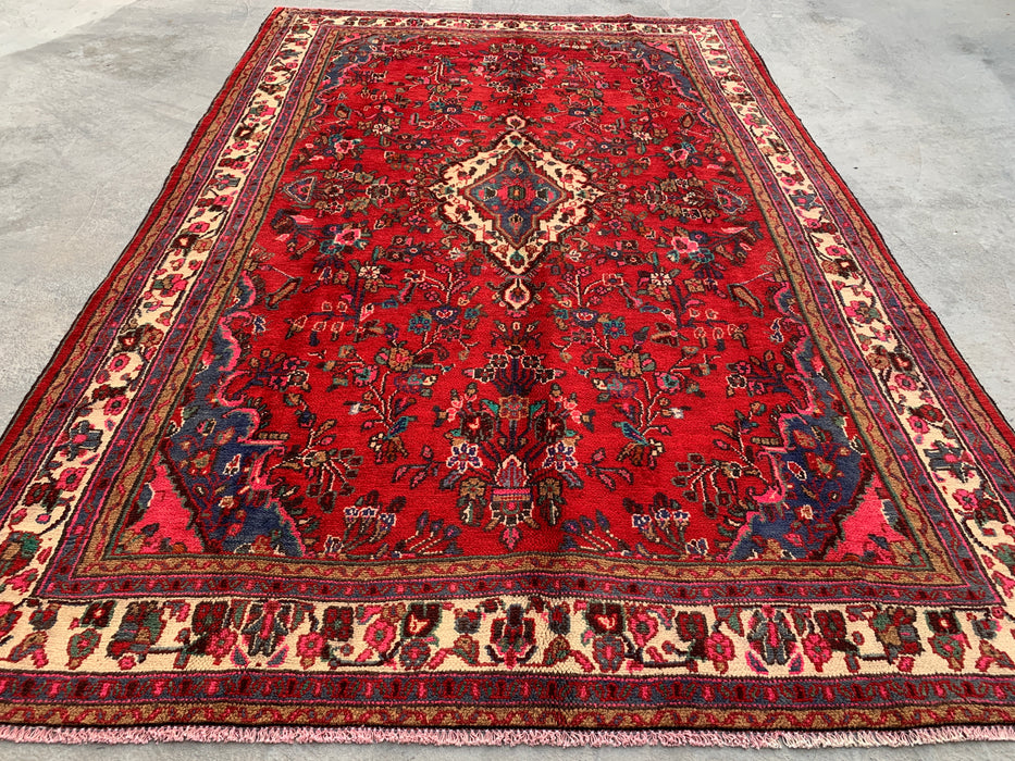 10'7 x 6'11 Handgeknoopt Perzisch wollen tapijt - Rood floraal medaillonontwerp - KBHM-1015