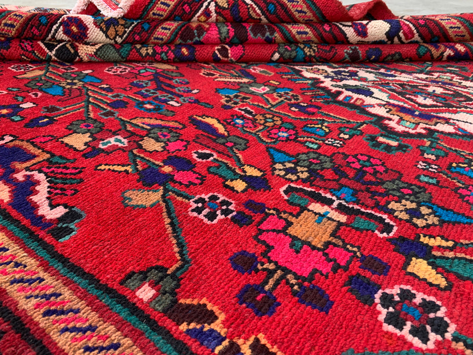Handgemaakt Perzisch wollen vloerkleed 7x10 - Rood Perzisch tapijt met bloemenmedaillon - Exacte afmetingen 9'7" x 6'9" - KBHM-1019