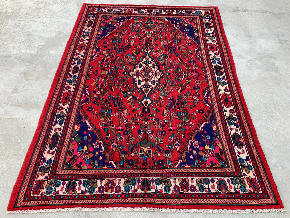Handgemaakt Perzisch wollen vloerkleed 7x10 - Rood Perzisch tapijt met bloemenmedaillon - Exacte afmetingen 9'7" x 6'9" - KBHM-1019