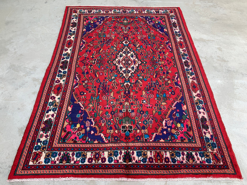 Handgemaakt Perzisch wollen vloerkleed 7x10 - Rood Perzisch tapijt met bloemenmedaillon - Exacte afmetingen 9'7" x 6'9" - KBHM-1019