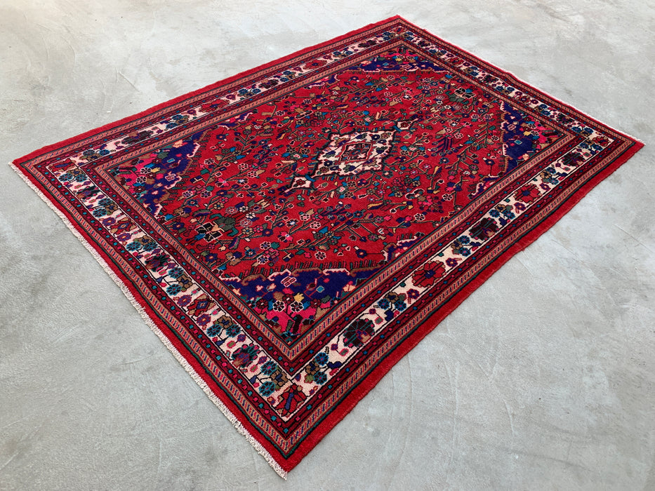 Handgemaakt Perzisch wollen vloerkleed 7x10 - Rood Perzisch tapijt met bloemenmedaillon - Exacte afmetingen 9'7" x 6'9" - KBHM-1019