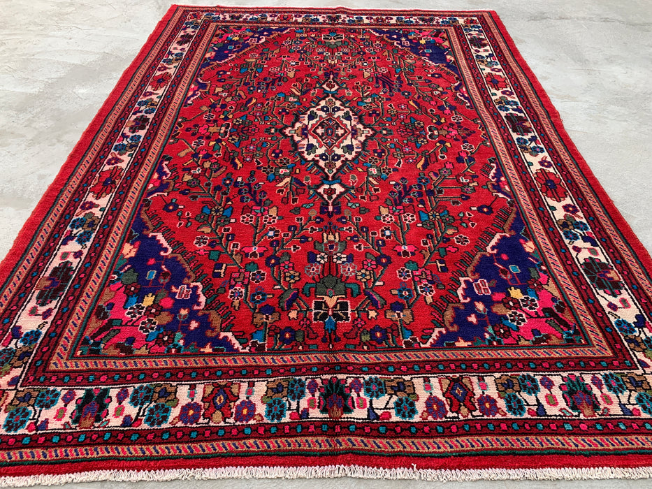 Handgemaakt Perzisch wollen vloerkleed 7x10 - Rood Perzisch tapijt met bloemenmedaillon - Exacte afmetingen 9'7" x 6'9" - KBHM-1019