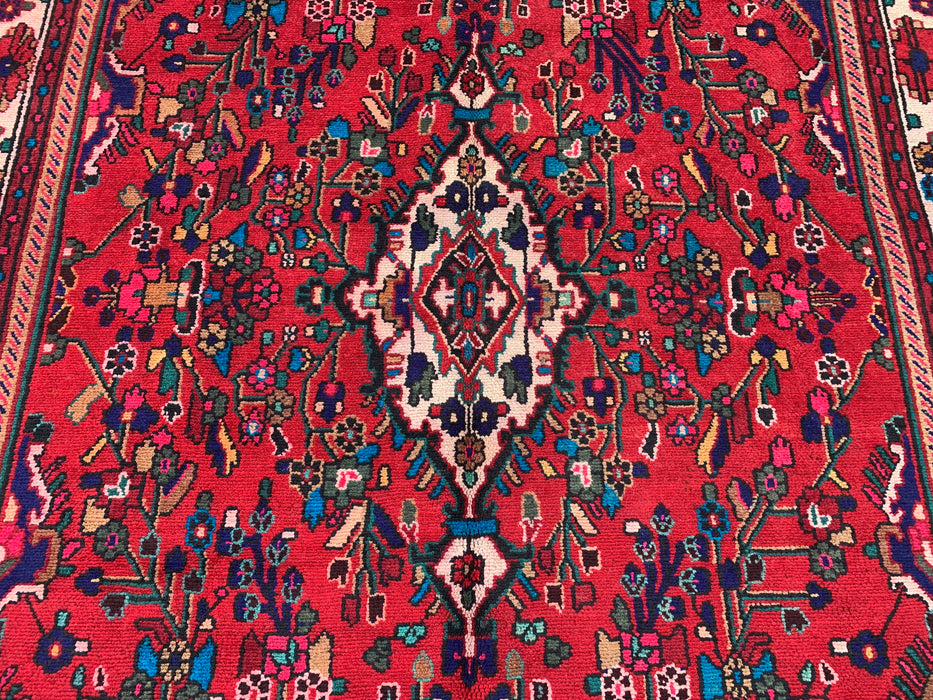 Handgemaakt Perzisch wollen vloerkleed 7x10 - Rood Perzisch tapijt met bloemenmedaillon - Exacte afmetingen 9'7" x 6'9" - KBHM-1019