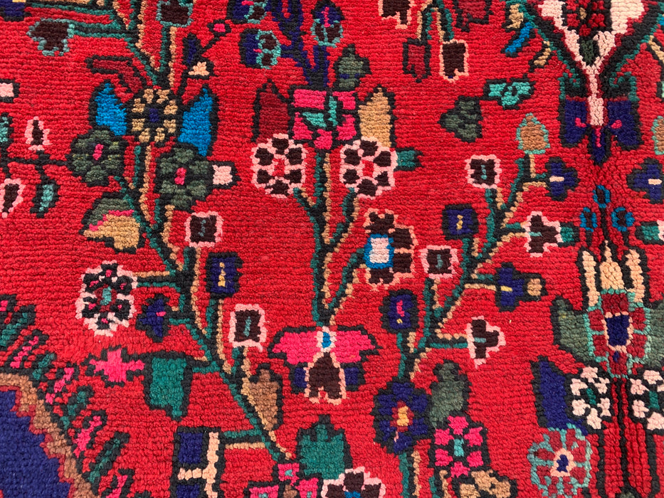 Handgemaakt Perzisch wollen vloerkleed 7x10 - Rood Perzisch tapijt met bloemenmedaillon - Exacte afmetingen 9'7" x 6'9" - KBHM-1019