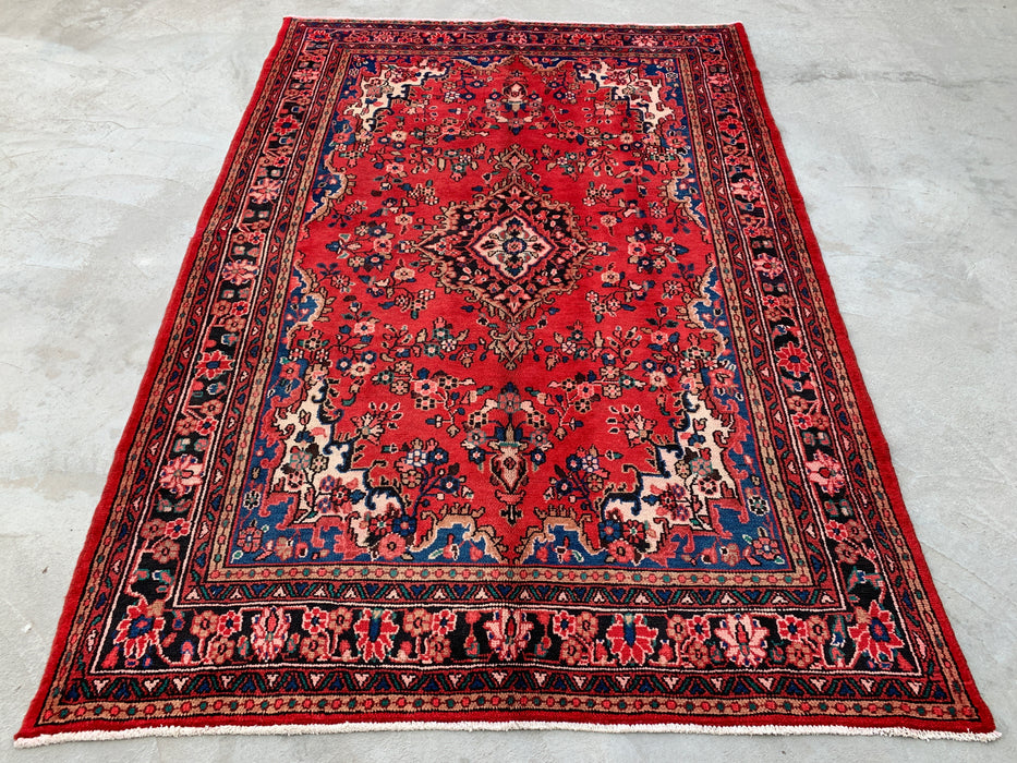 Handgemaakt Perzisch wollen vloerkleed 210x300 - Rood & marineblauw bloemenmedaillon Perzisch stijl kleed - Exacte afmeting 302 cm x 211 cm - KBHM-1024