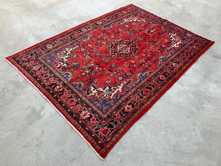 Handgemaakt Perzisch wollen vloerkleed 210x300 - Rood & marineblauw bloemenmedaillon Perzisch stijl kleed - Exacte afmeting 302 cm x 211 cm - KBHM-1024