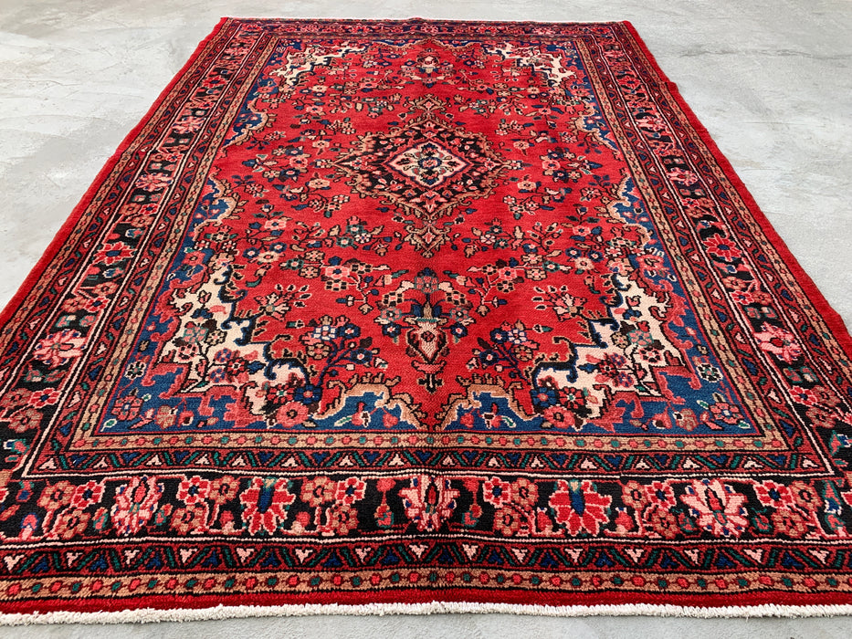 Handgemaakt Perzisch wollen vloerkleed 210x300 - Rood & marineblauw bloemenmedaillon Perzisch stijl kleed - Exacte afmeting 302 cm x 211 cm - KBHM-1024