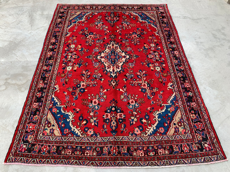 Handgemaakt Perzisch wollen vloerkleed 7x10 - Rood, marineblauw & ivoor traditioneel medaillon vloerkleed in Perzische stijl - Exacte afmeting 9'11" x 7'1" - KBHM-1025