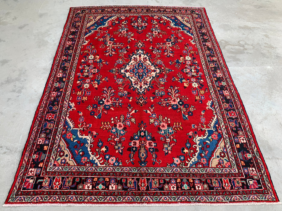 Handgemaakt Perzisch wollen vloerkleed 7x10 - Rood, marineblauw & ivoor traditioneel medaillon vloerkleed in Perzische stijl - Exacte afmeting 9'11" x 7'1" - KBHM-1025