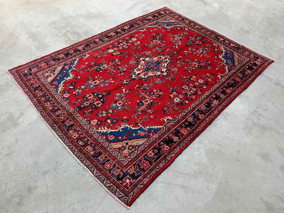 Handgemaakt Perzisch wollen vloerkleed 7x10 - Rood, marineblauw & ivoor traditioneel medaillon vloerkleed in Perzische stijl - Exacte afmeting 9'11" x 7'1" - KBHM-1025