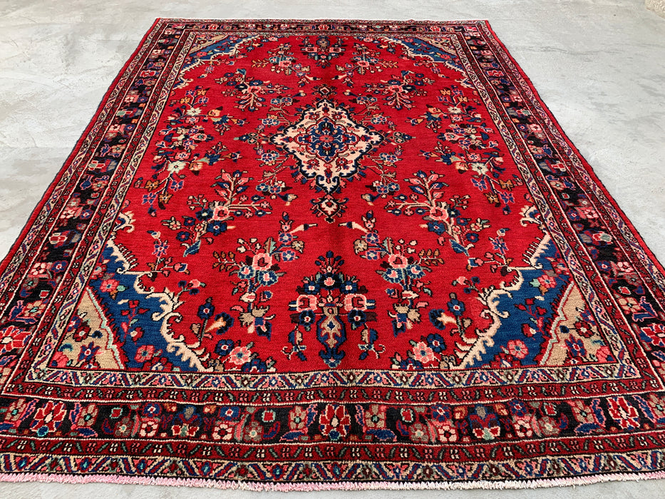 Handgemaakt Perzisch wollen vloerkleed 7x10 - Rood, marineblauw & ivoor traditioneel medaillon vloerkleed in Perzische stijl - Exacte afmeting 9'11" x 7'1" - KBHM-1025