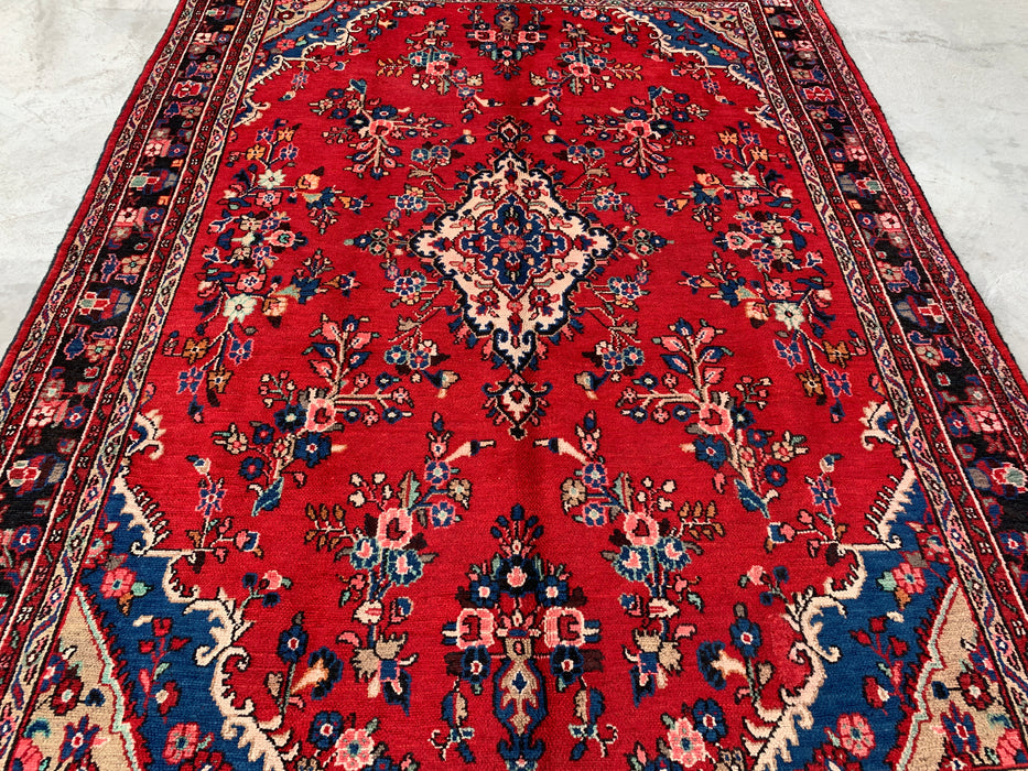 Handgemaakt Perzisch wollen vloerkleed 7x10 - Rood, marineblauw & ivoor traditioneel medaillon vloerkleed in Perzische stijl - Exacte afmeting 9'11" x 7'1" - KBHM-1025