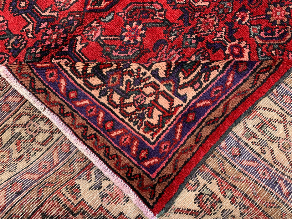 Handgemaakt Perzisch wollen vloerkleed 7x10 - Rood, marineblauw & ivoor traditioneel geometrisch medaillon Perzische stijl kleed - Exacte afmetingen 310 cm x 211 cm - KBHM-1026