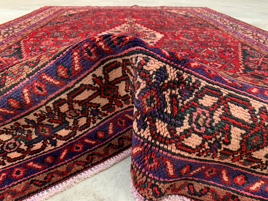 Handgemaakt Perzisch wollen vloerkleed 7x10 - Rood, marineblauw & ivoor traditioneel geometrisch medaillon Perzische stijl kleed - Exacte afmetingen 310 cm x 211 cm - KBHM-1026
