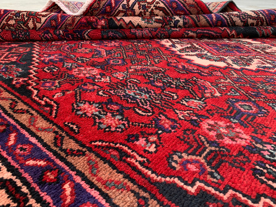 Handgemaakt Perzisch wollen vloerkleed 7x10 - Rood, marineblauw & ivoor traditioneel geometrisch medaillon Perzische stijl kleed - Exacte afmetingen 310 cm x 211 cm - KBHM-1026
