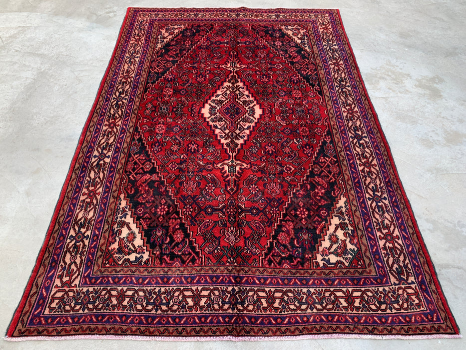 Handgemaakt Perzisch wollen vloerkleed 7x10 - Rood, marineblauw & ivoor traditioneel geometrisch medaillon Perzische stijl kleed - Exacte afmetingen 310 cm x 211 cm - KBHM-1026