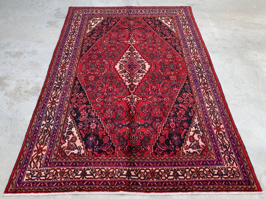 Handgemaakt Perzisch wollen vloerkleed 7x10 - Rood, marineblauw & ivoor traditioneel geometrisch medaillon Perzische stijl kleed - Exacte afmetingen 310 cm x 211 cm - KBHM-1026