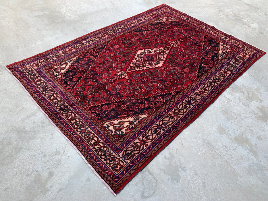 Handgemaakt Perzisch wollen vloerkleed 7x10 - Rood, marineblauw & ivoor traditioneel geometrisch medaillon Perzische stijl kleed - Exacte afmetingen 310 cm x 211 cm - KBHM-1026