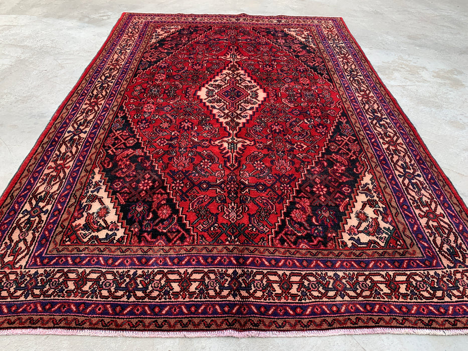 Handgemaakt Perzisch wollen vloerkleed 7x10 - Rood, marineblauw & ivoor traditioneel geometrisch medaillon Perzische stijl kleed - Exacte afmetingen 310 cm x 211 cm - KBHM-1026