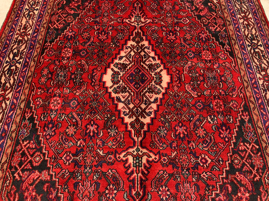 Handgemaakt Perzisch wollen vloerkleed 7x10 - Rood, marineblauw & ivoor traditioneel geometrisch medaillon Perzische stijl kleed - Exacte afmetingen 310 cm x 211 cm - KBHM-1026