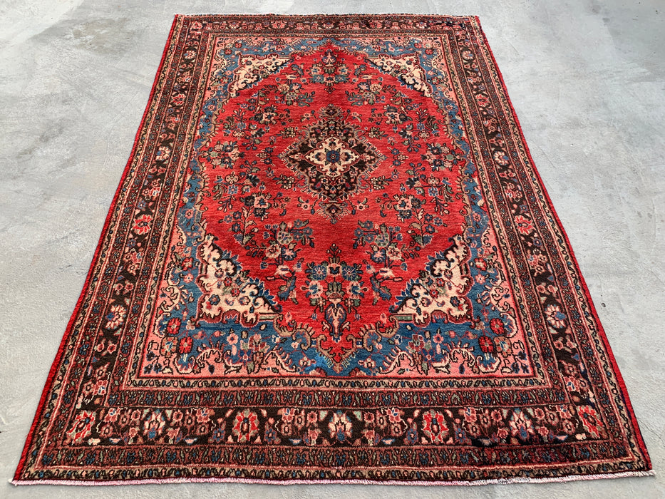 Handgemaakt Perzisch wollen vloerkleed 7x10 - Rood, blauw & ivoor traditioneel medaillon Perzisch stijl kleed - Exacte afmeting 312 cm x 213 cm - KBHM-1027