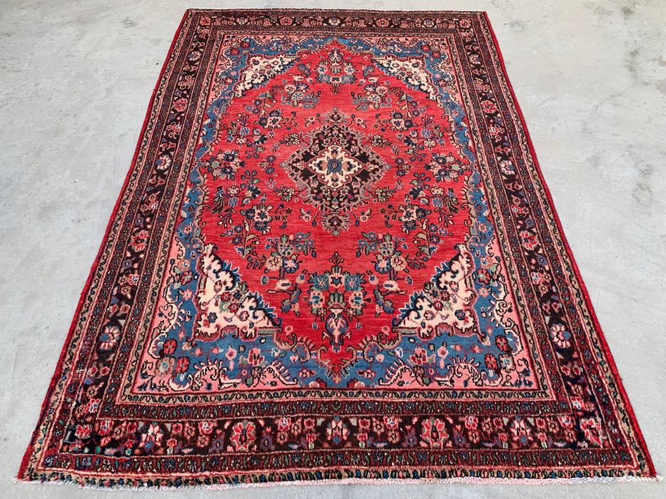 Handgemaakt Perzisch wollen vloerkleed 7x10 - Rood, blauw & ivoor traditioneel medaillon Perzisch stijl kleed - Exacte afmeting 312 cm x 213 cm - KBHM-1027