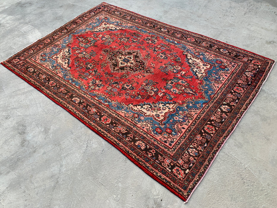 Handgemaakt Perzisch wollen vloerkleed 7x10 - Rood, blauw & ivoor traditioneel medaillon Perzisch stijl kleed - Exacte afmeting 312 cm x 213 cm - KBHM-1027