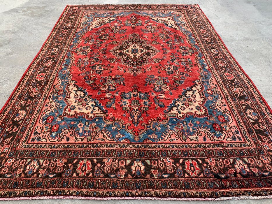 Handgemaakt Perzisch wollen vloerkleed 7x10 - Rood, blauw & ivoor traditioneel medaillon Perzisch stijl kleed - Exacte afmeting 312 cm x 213 cm - KBHM-1027