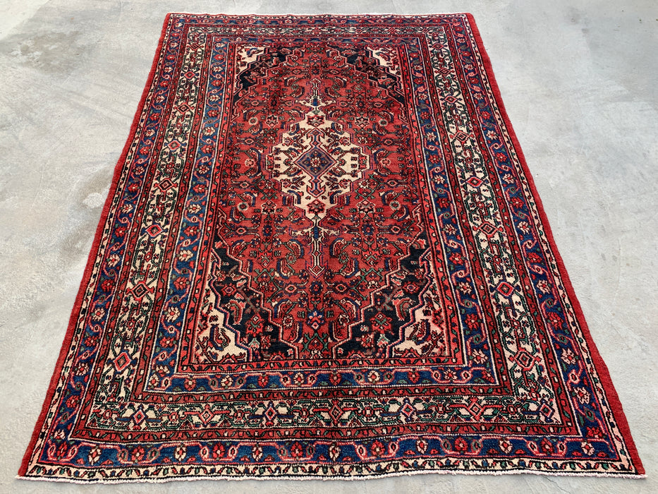 Handgemaakt Perzisch wollen vloerkleed 210x300 cm - Rood, blauw & ivoorkleurig traditioneel geometrisch medaillon Perzisch stijl kleed - Exacte afmeting 299,7 cm x 210,8 cm - KBHM-1029