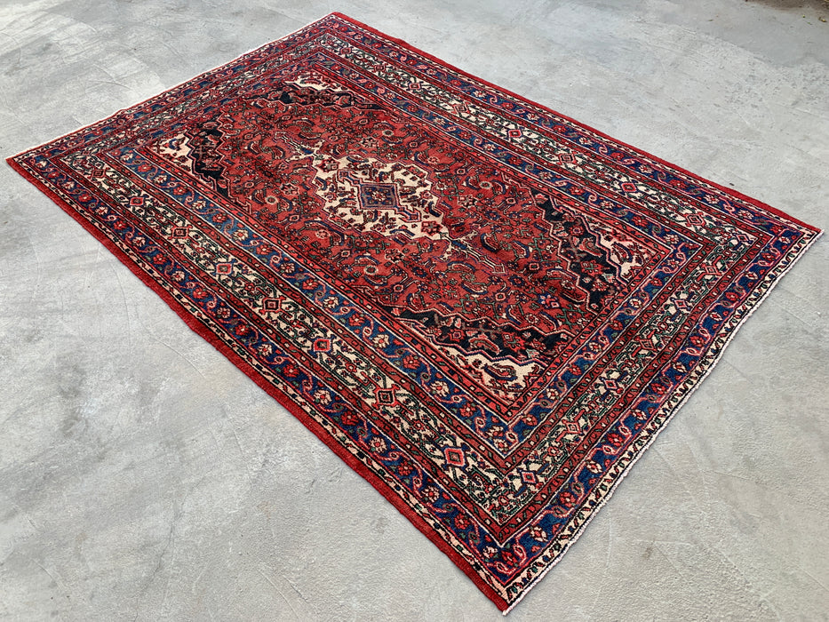 Handgemaakt Perzisch wollen vloerkleed 210x300 cm - Rood, blauw & ivoorkleurig traditioneel geometrisch medaillon Perzisch stijl kleed - Exacte afmeting 299,7 cm x 210,8 cm - KBHM-1029