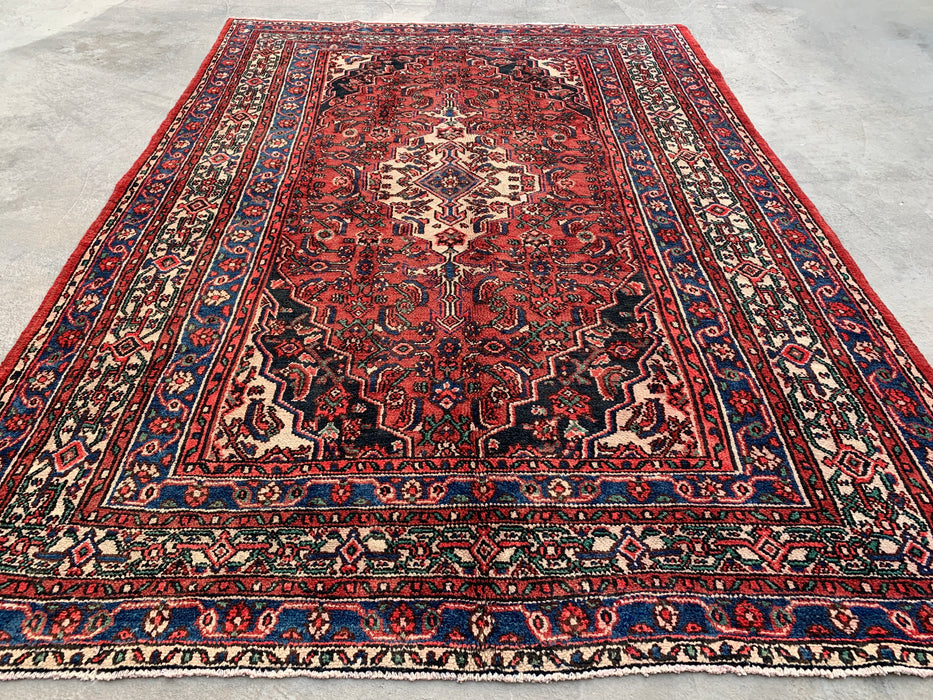 Handgemaakt Perzisch wollen vloerkleed 210x300 cm - Rood, blauw & ivoorkleurig traditioneel geometrisch medaillon Perzisch stijl kleed - Exacte afmeting 299,7 cm x 210,8 cm - KBHM-1029