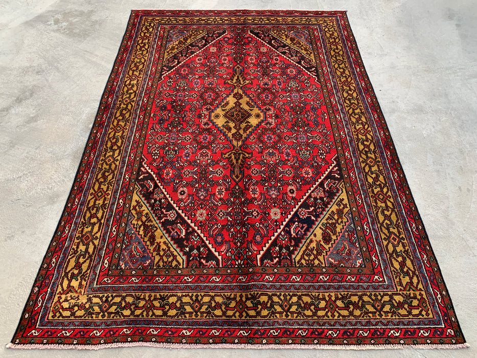 Handgemaakt Perzisch wollen vloerkleed 210x300 cm - Traditioneel Perzisch kleed met geometrisch medaillon in rood, marineblauw en goud - Exacte afmetingen 299,7 x 205,7 cm - KBHM-1030