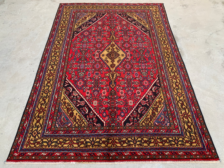 Handgemaakt Perzisch wollen vloerkleed 210x300 cm - Traditioneel Perzisch kleed met geometrisch medaillon in rood, marineblauw en goud - Exacte afmetingen 299,7 x 205,7 cm - KBHM-1030