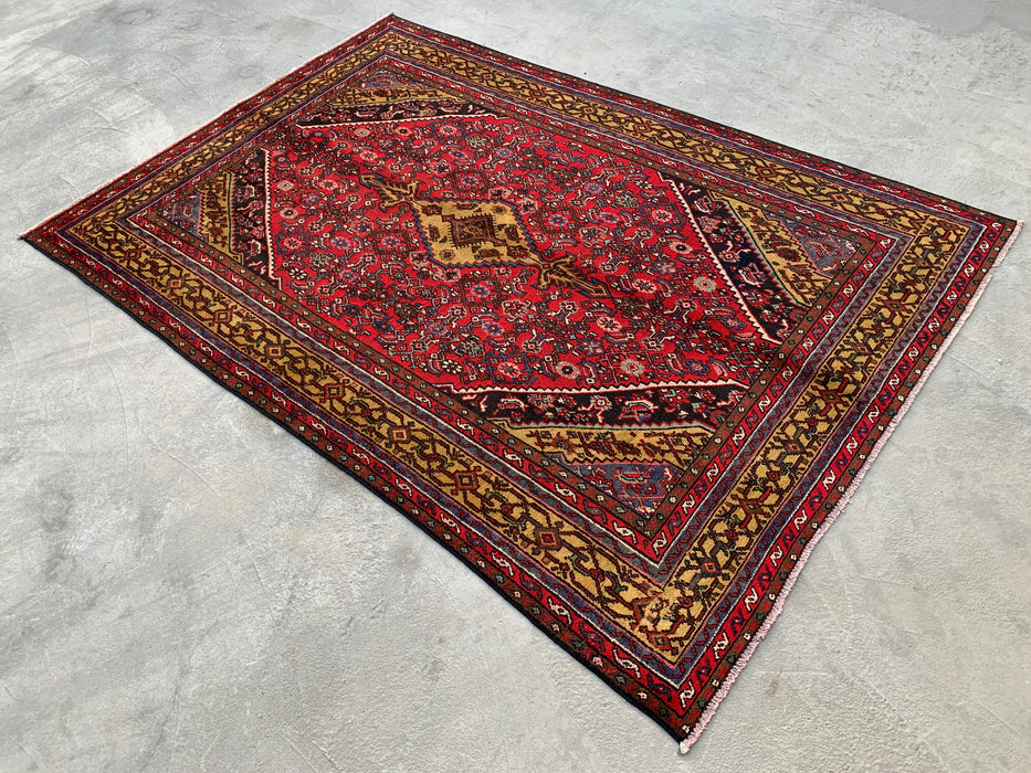 Handgemaakt Perzisch wollen vloerkleed 210x300 cm - Traditioneel Perzisch kleed met geometrisch medaillon in rood, marineblauw en goud - Exacte afmetingen 299,7 x 205,7 cm - KBHM-1030
