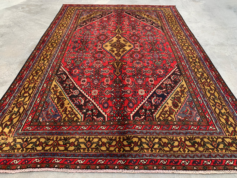 Handgemaakt Perzisch wollen vloerkleed 210x300 cm - Traditioneel Perzisch kleed met geometrisch medaillon in rood, marineblauw en goud - Exacte afmetingen 299,7 x 205,7 cm - KBHM-1030
