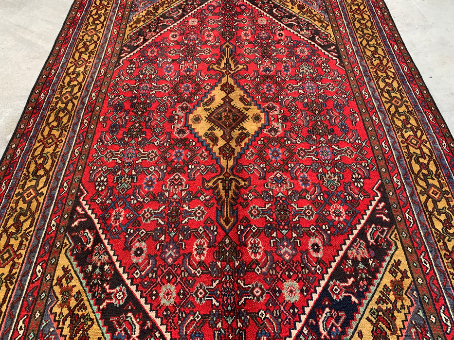 Handgemaakt Perzisch wollen vloerkleed 210x300 cm - Traditioneel Perzisch kleed met geometrisch medaillon in rood, marineblauw en goud - Exacte afmetingen 299,7 x 205,7 cm - KBHM-1030