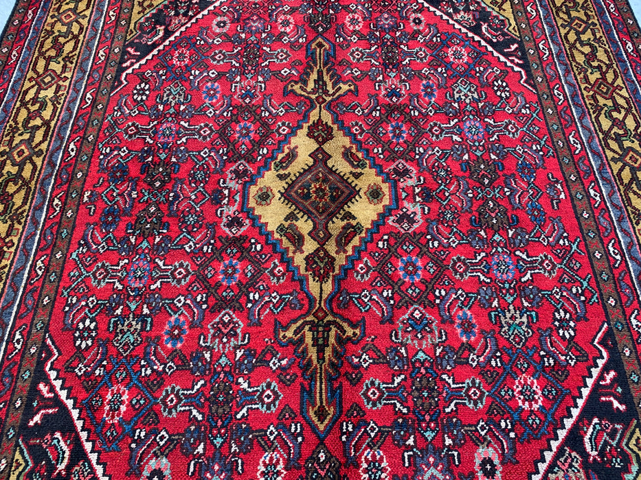 Handgemaakt Perzisch wollen vloerkleed 210x300 cm - Traditioneel Perzisch kleed met geometrisch medaillon in rood, marineblauw en goud - Exacte afmetingen 299,7 x 205,7 cm - KBHM-1030