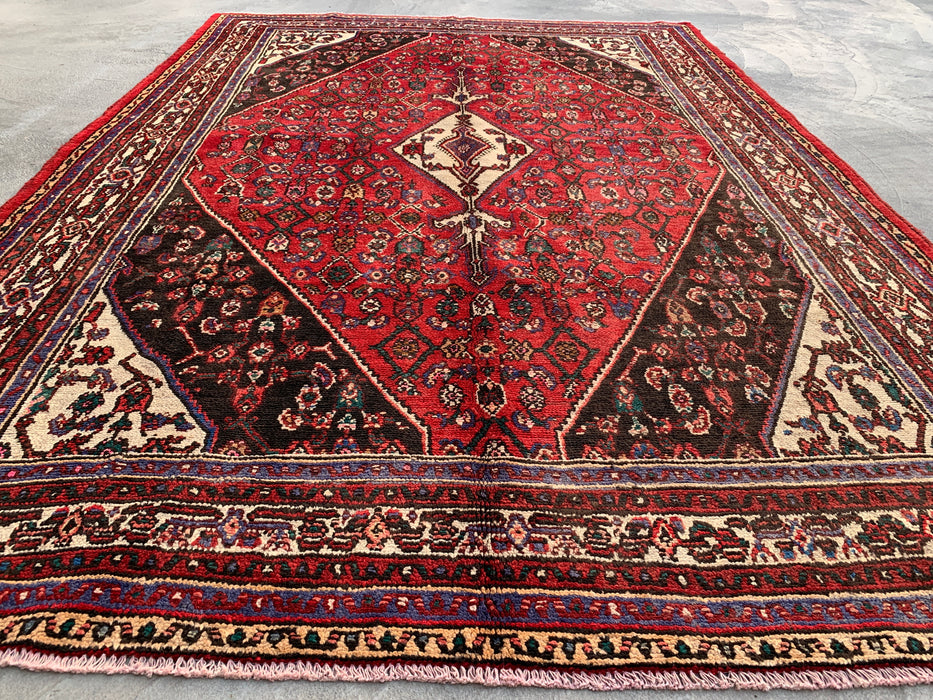 9'9 x 6'10 Handgeknoopt Perzisch wollen tapijt - Rood, ivoor & bruin traditioneel geometrisch medaillon Perzisch stijl tapijt - KBHM-1031