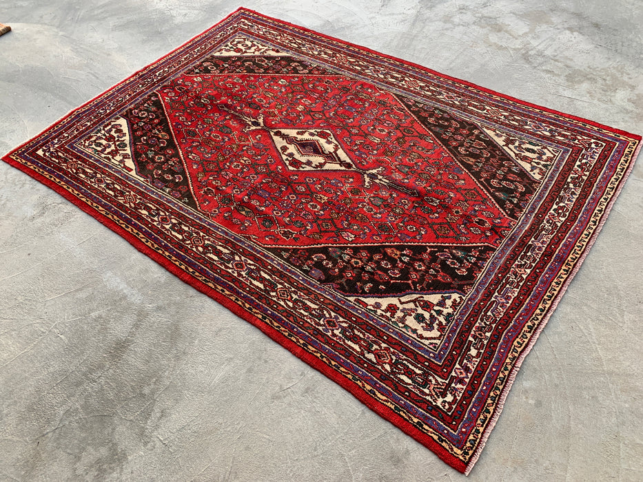 9'9 x 6'10 Handgeknoopt Perzisch wollen tapijt - Rood, ivoor & bruin traditioneel geometrisch medaillon Perzisch stijl tapijt - KBHM-1031