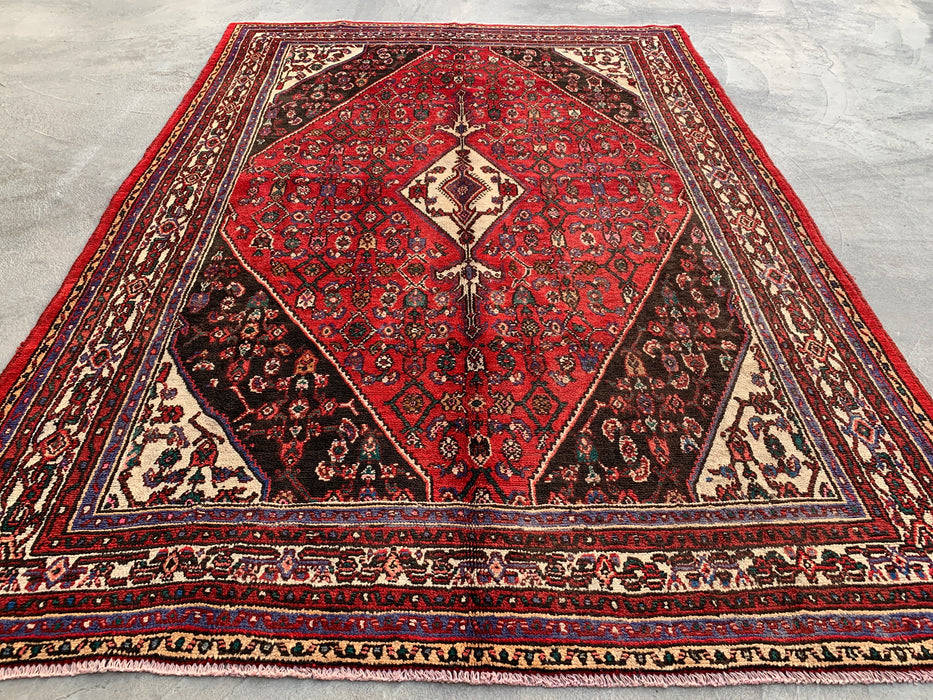 9'9 x 6'10 Handgeknoopt Perzisch wollen tapijt - Rood, ivoor & bruin traditioneel geometrisch medaillon Perzisch stijl tapijt - KBHM-1031