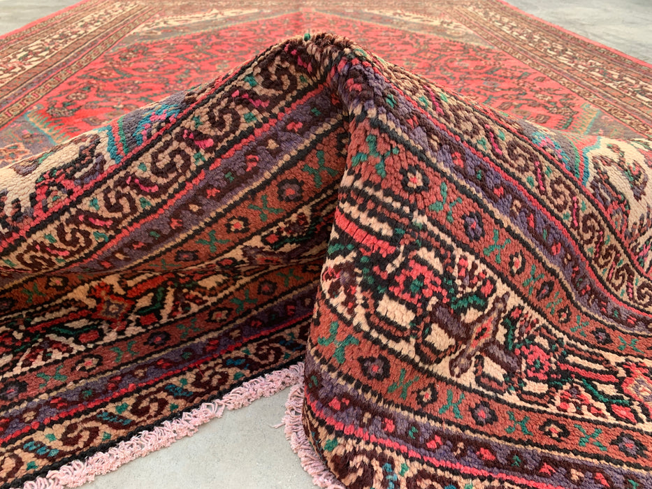Handgemaakt Perzisch wollen vloerkleed 7x10 - Rood, ivoor & houtskool traditioneel geometrisch medaillon Perzische stijl kleed - Exacte afmeting 9'9" x 7'0" - KBHM-1033