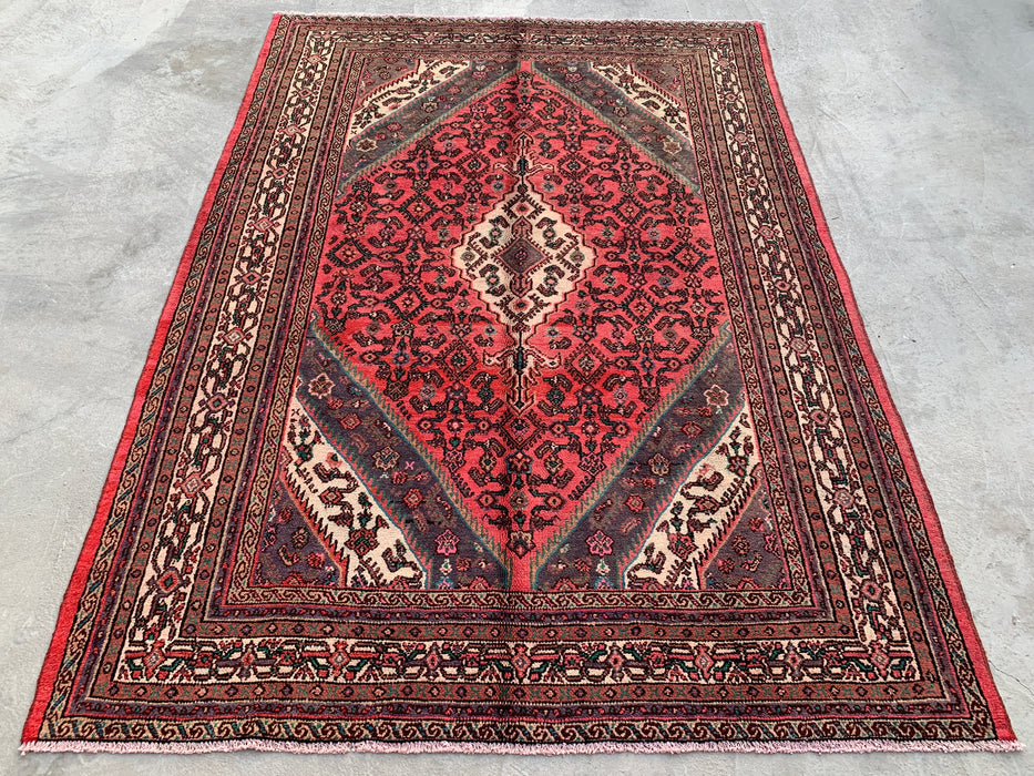 Handgemaakt Perzisch wollen vloerkleed 7x10 - Rood, ivoor & houtskool traditioneel geometrisch medaillon Perzische stijl kleed - Exacte afmeting 9'9" x 7'0" - KBHM-1033