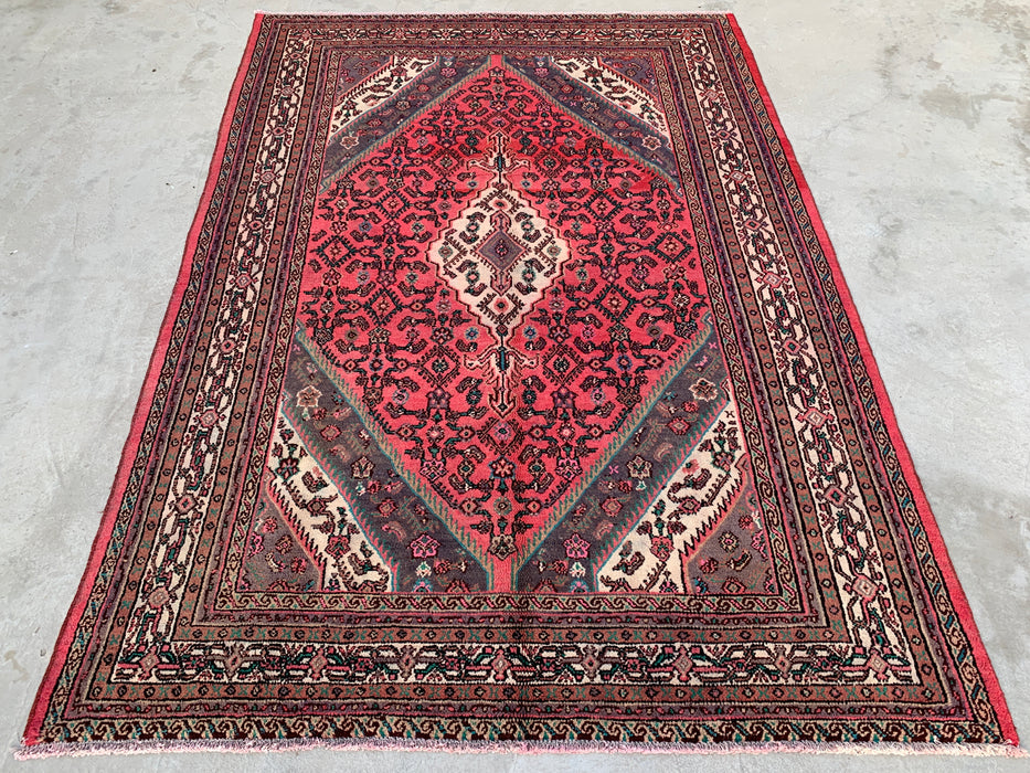 Handgemaakt Perzisch wollen vloerkleed 7x10 - Rood, ivoor & houtskool traditioneel geometrisch medaillon Perzische stijl kleed - Exacte afmeting 9'9" x 7'0" - KBHM-1033